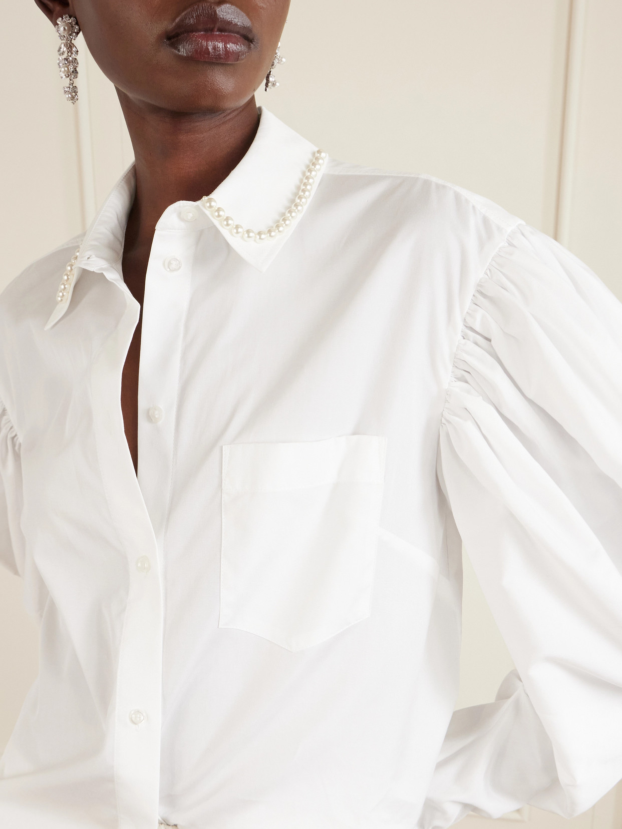 Simone Rocha Draped Sleeve Long-sleeved Top With Embroidered Pearl Collar In Red