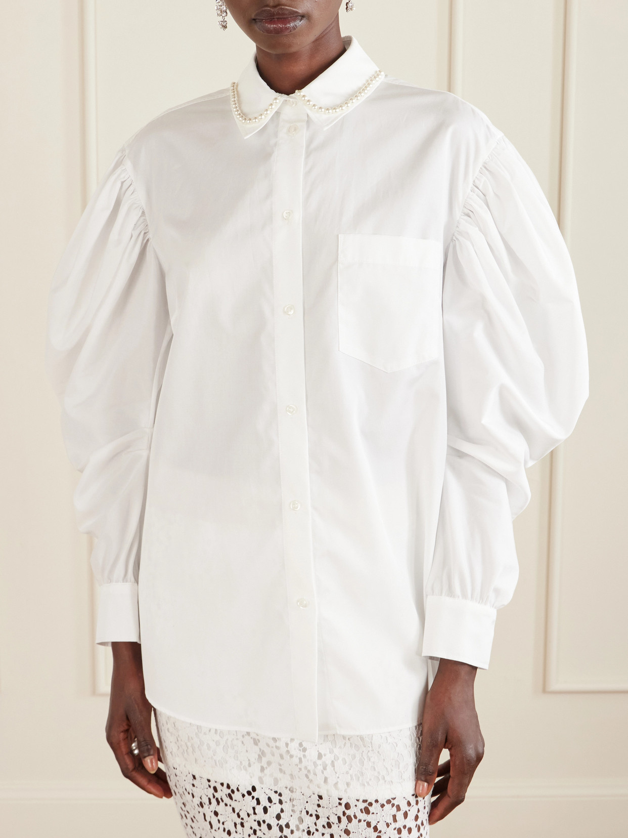 Simone Rocha Draped Sleeve Long-sleeved Top With Embroidered Pearl Collar In Red