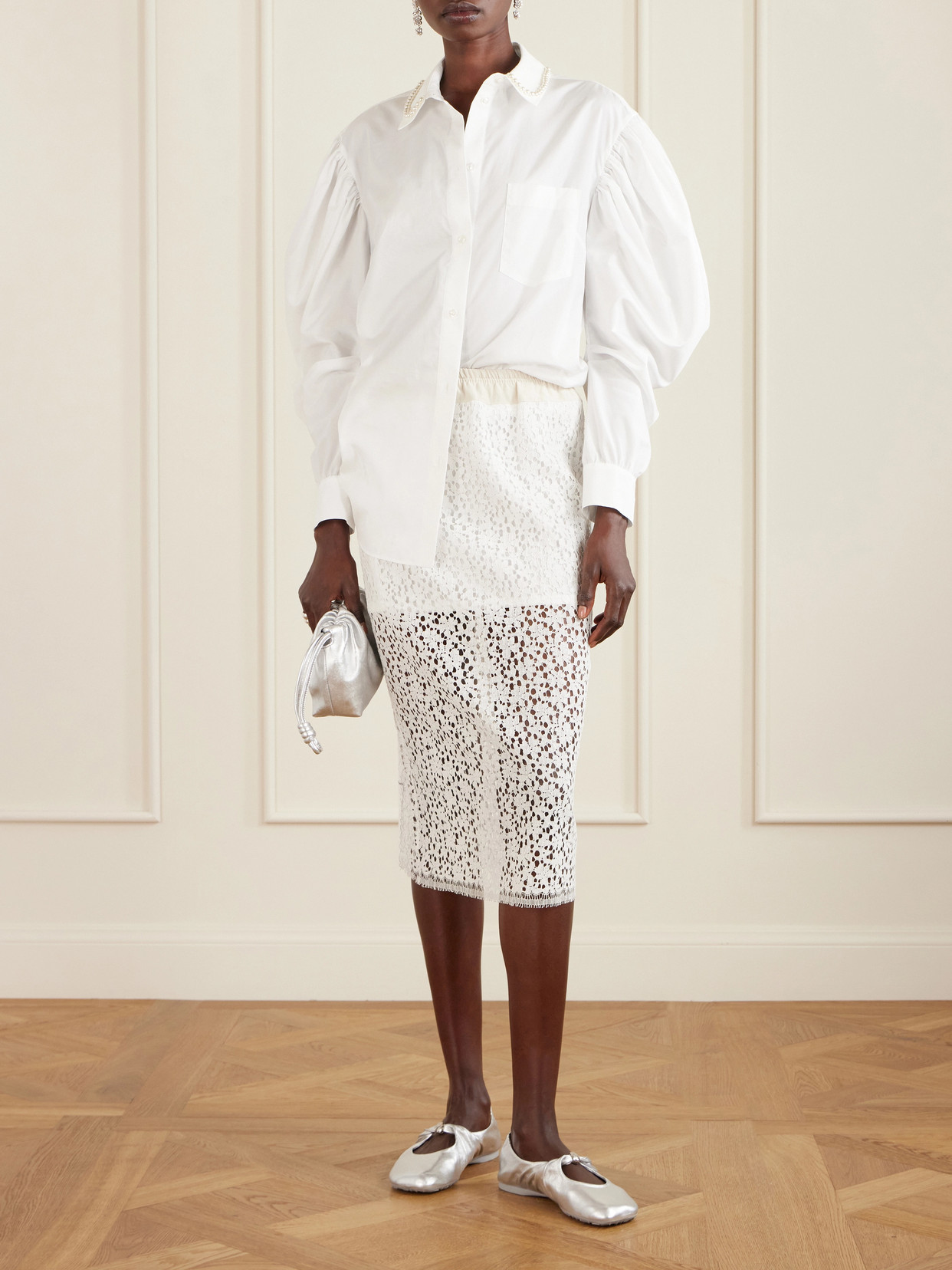 Simone Rocha Draped Sleeve Long-sleeved Top With Embroidered Pearl Collar In Red