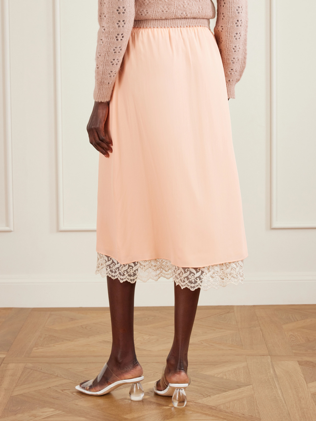 Layered Lace-Trimmed Crepe De Chine Midi