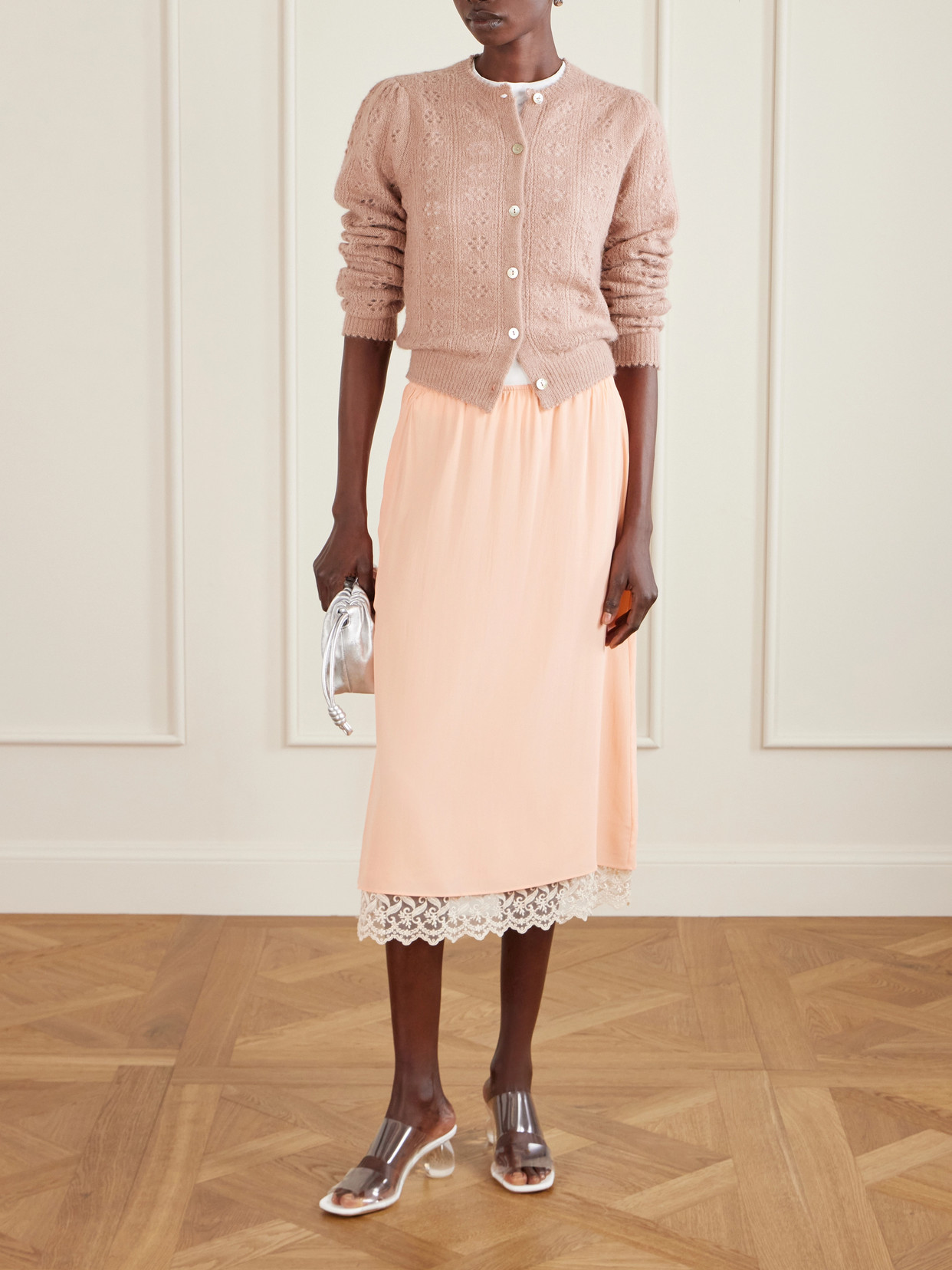 Layered Lace-Trimmed Crepe De Chine Midi