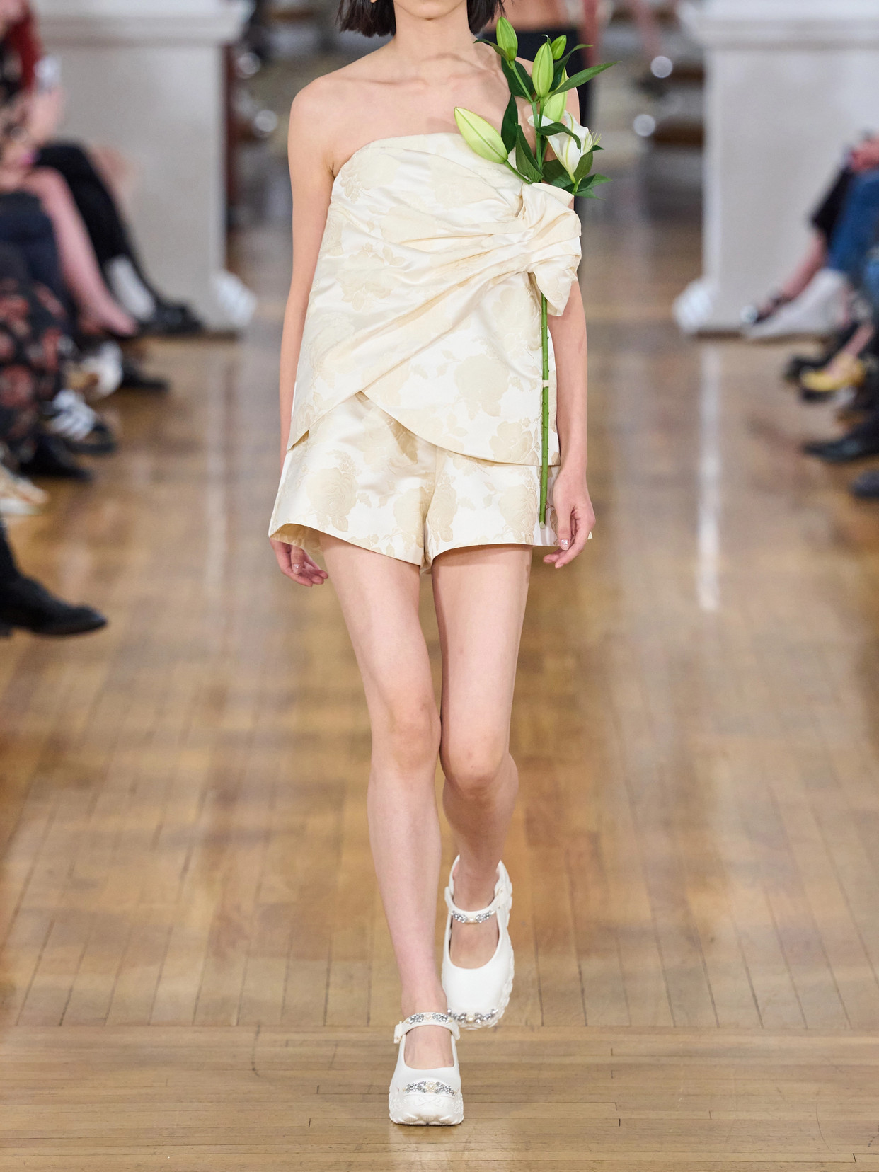 Gathered Flower Sash Satin Brocade Top