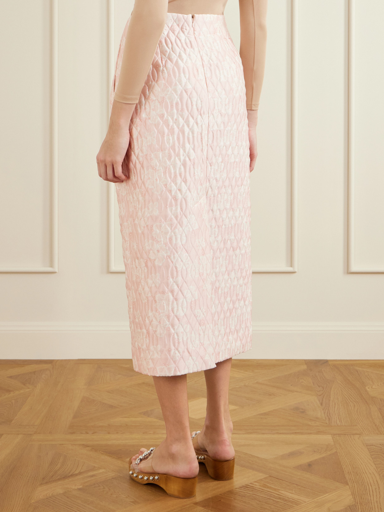 Bow-Detailed Chenille-Trimmed Quilted Midi