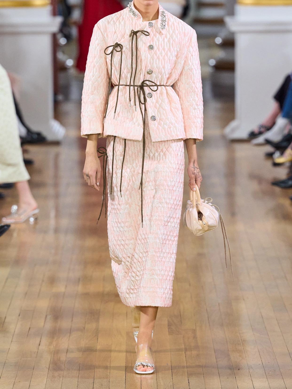 Bow-Detailed Chenille-Trimmed Quilted Midi