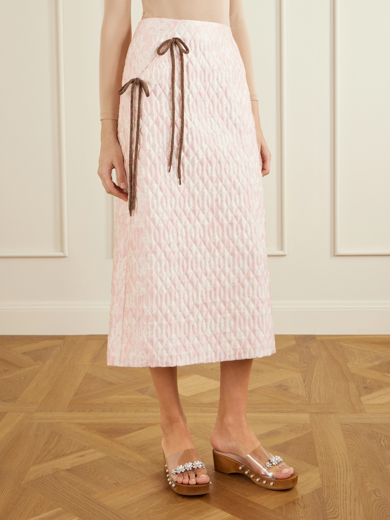 Bow-Detailed Chenille-Trimmed Quilted Midi