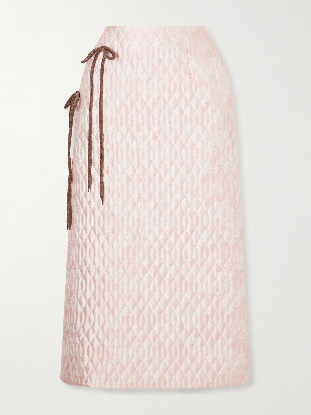 Simone Rocha Bow-detailed Chenille-trimmed Quilted Printed Satin Midi Skirt In Pink