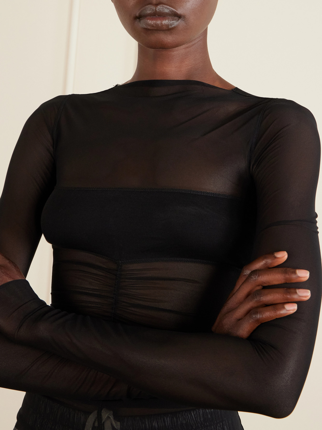 Ruched Stretch-Mesh T-Shirt