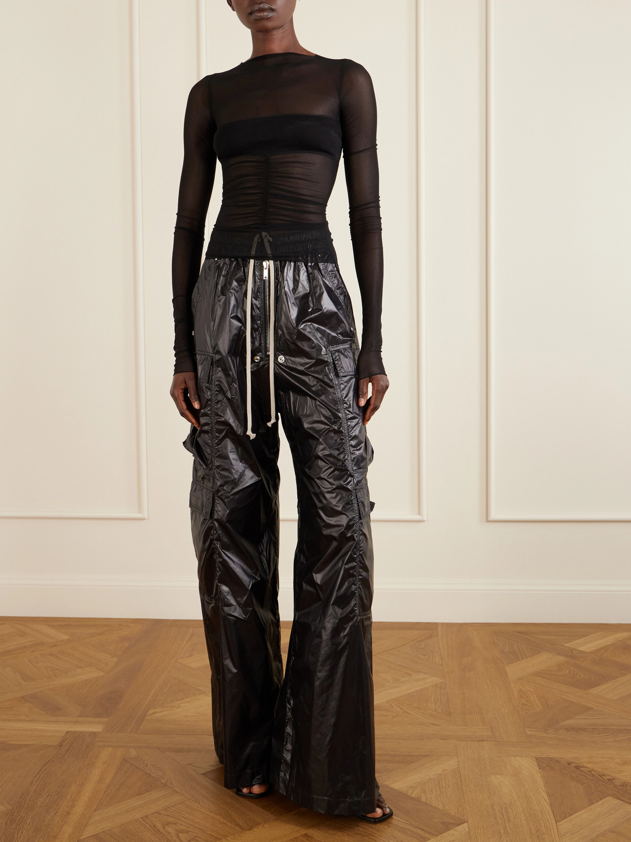 Ruched Stretch-Mesh T-Shirt