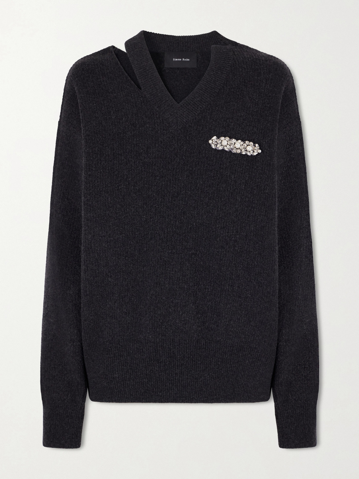 Simone Rocha Cut-out Crystal And Faux-pearl Embellished Wool-blend Sweater In Gray