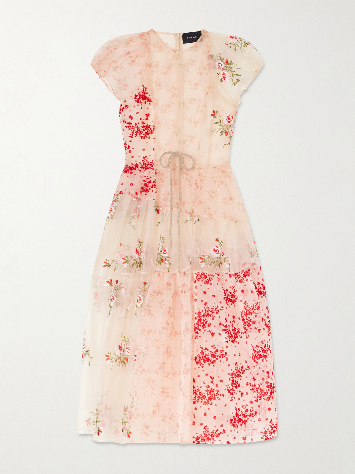 Simone Rocha Sheer Patchwork Floral Midi Dress In Pink