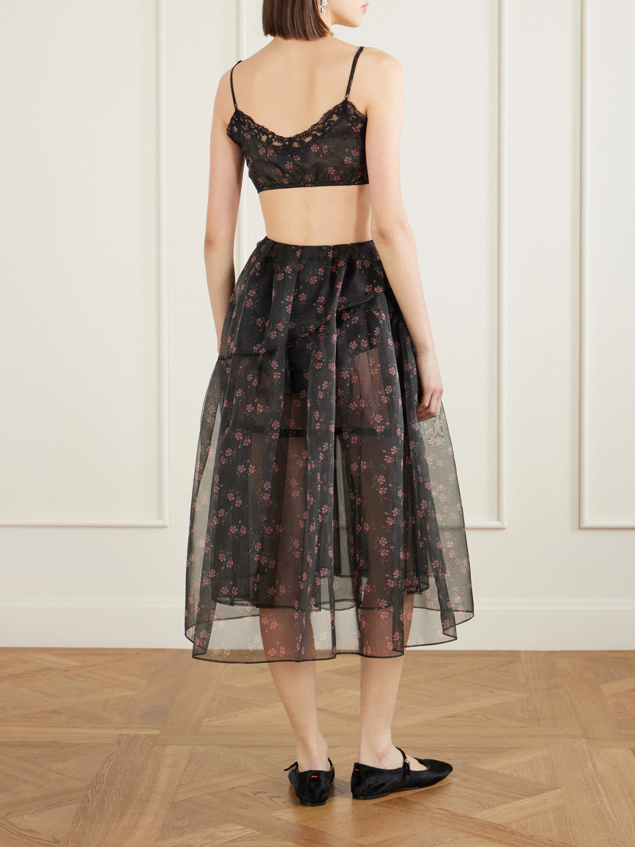 Cropped Lace-Trimmed Floral-Print Organza Top
