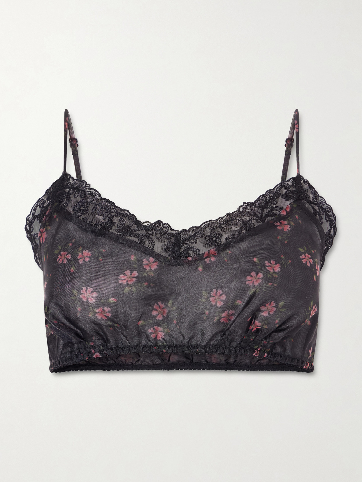 Simone Rocha Cropped Lace-trimmed Floral-print Organza Top In Black