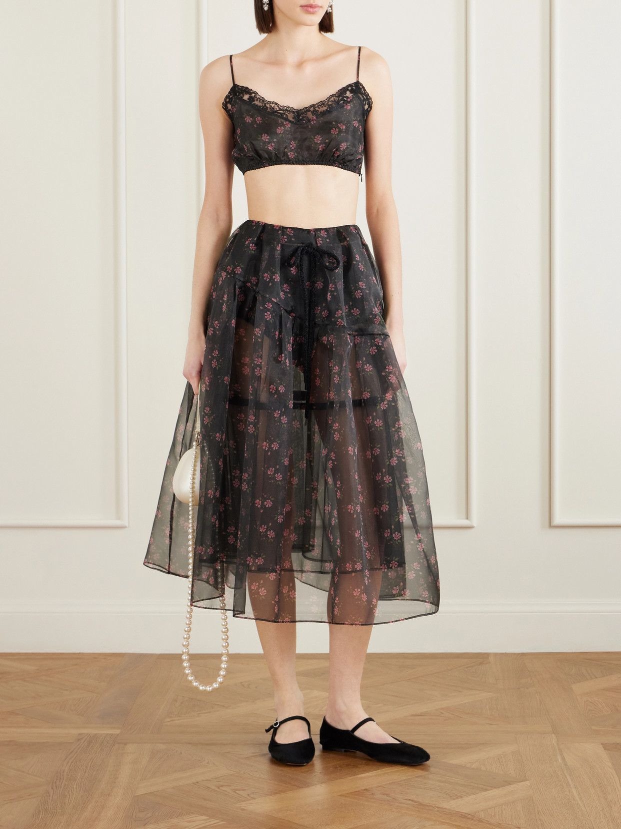 Cropped Lace-Trimmed Floral-Print Organza Top