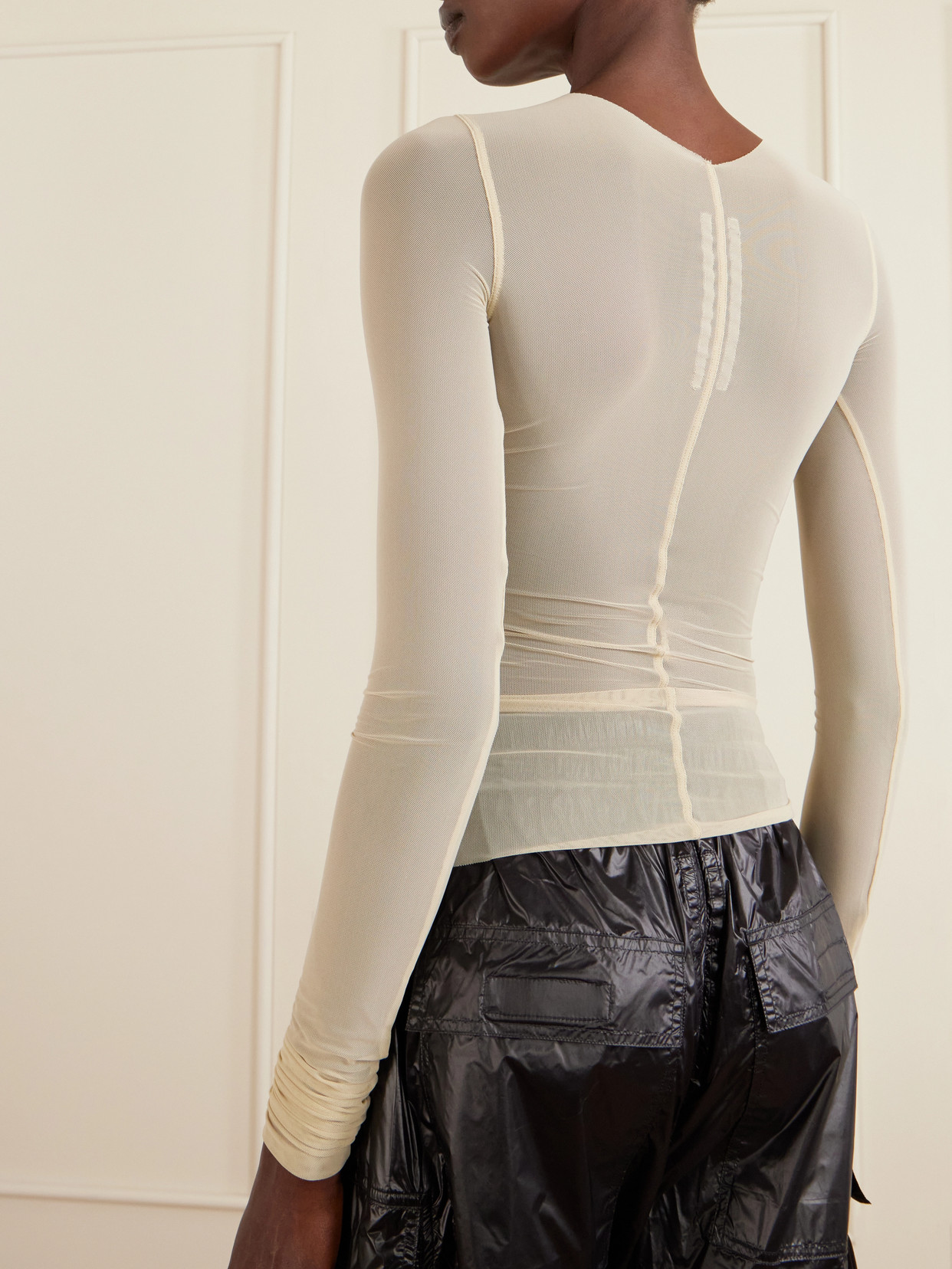 Ruched Stretch-Mesh T-Shirt
