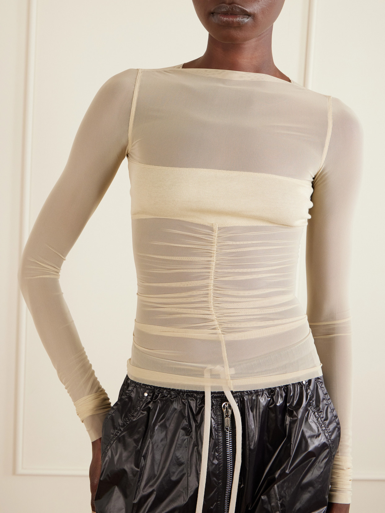 Ruched Stretch-Mesh T-Shirt