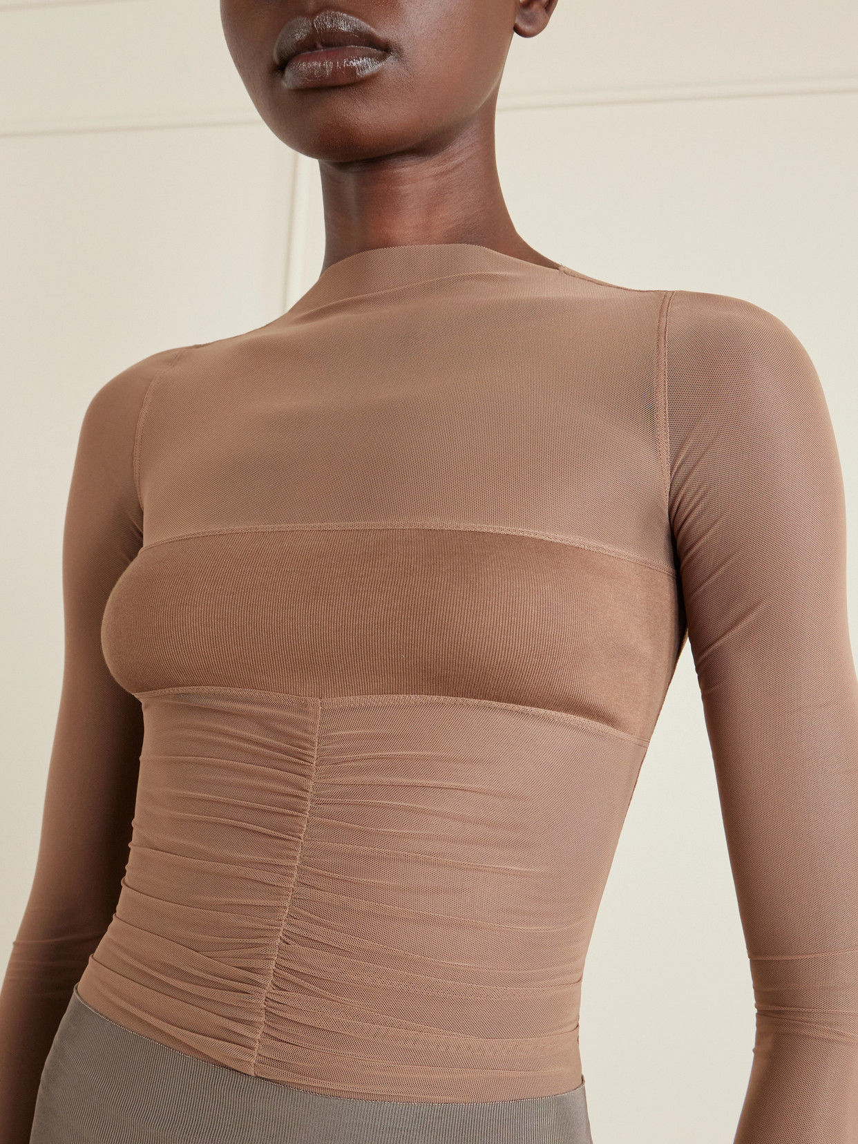 Ruched Stretch-Mesh T-Shirt