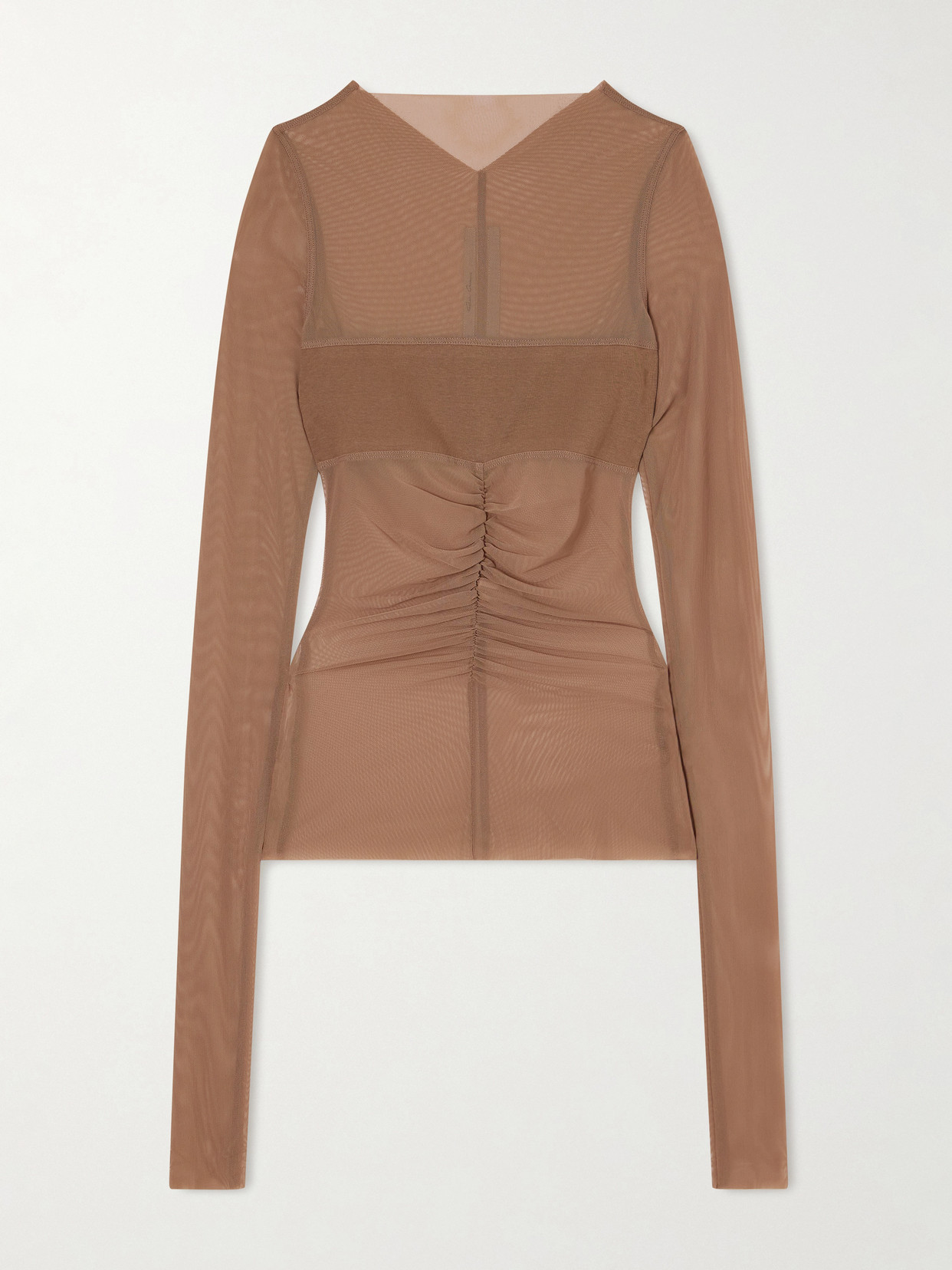 Rick Owens Ruched Stretch-mesh T-shirt In Brown
