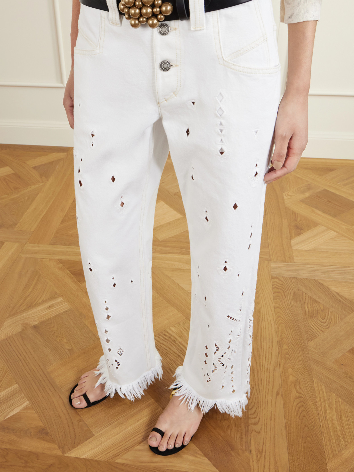 Amia High-Waist Fringed Embroidered Organic Straight-Leg Jeans