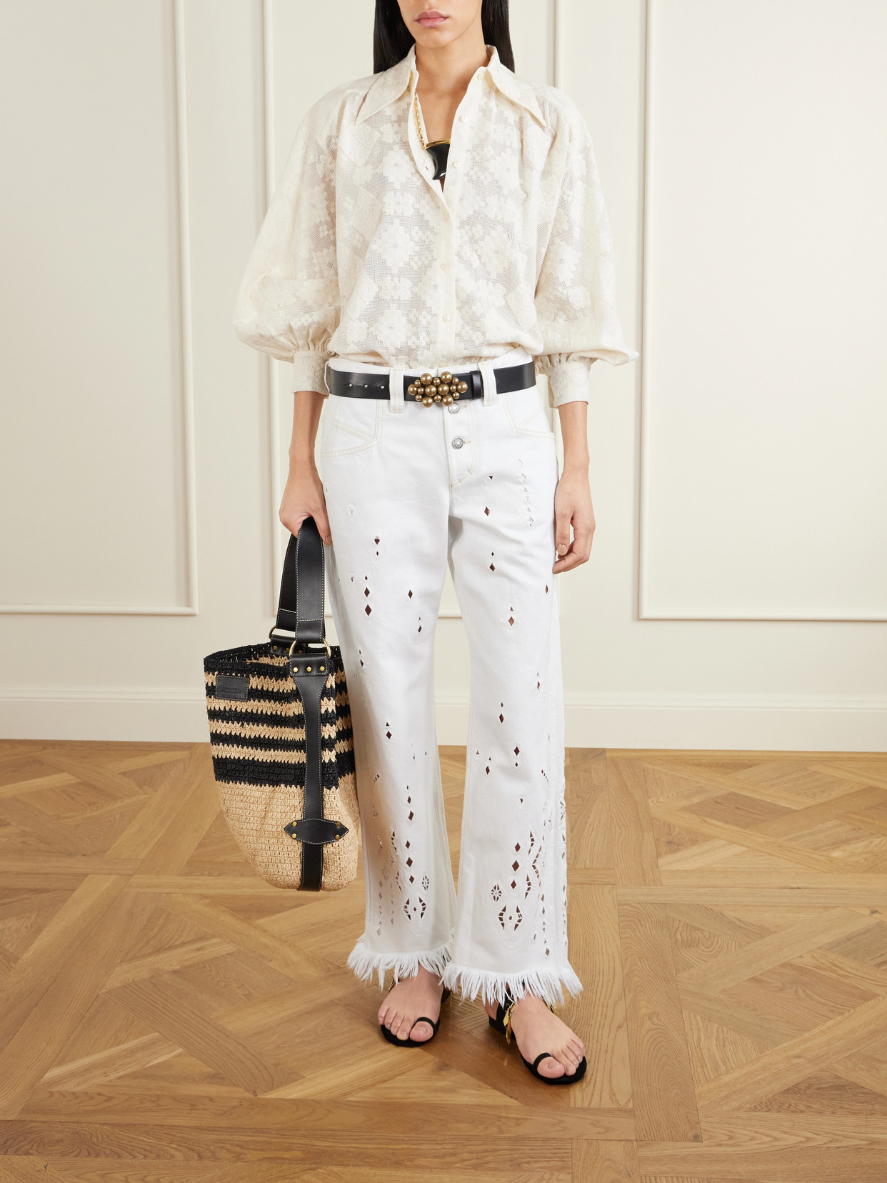 Amia High-Waist Fringed Embroidered Organic Straight-Leg Jeans