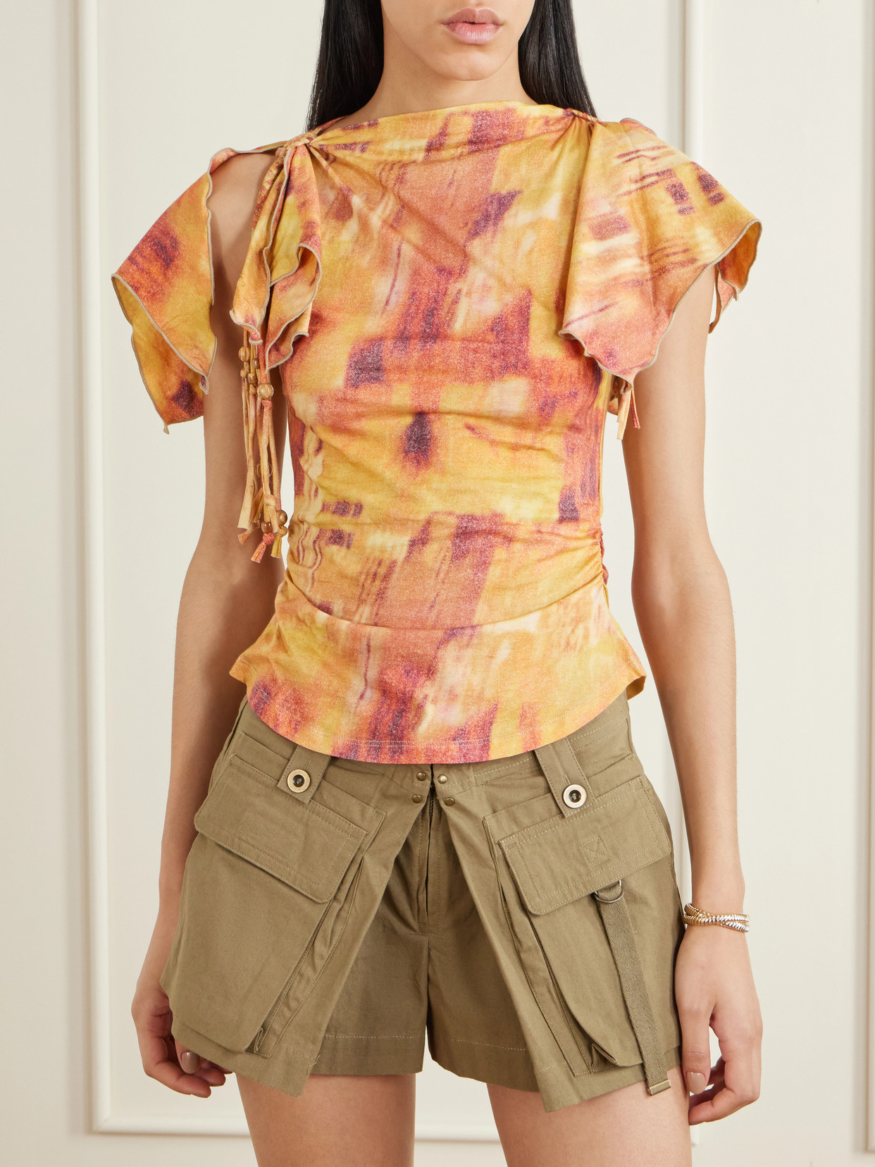 Jazia Bead-Embellished Printed Cotton Top