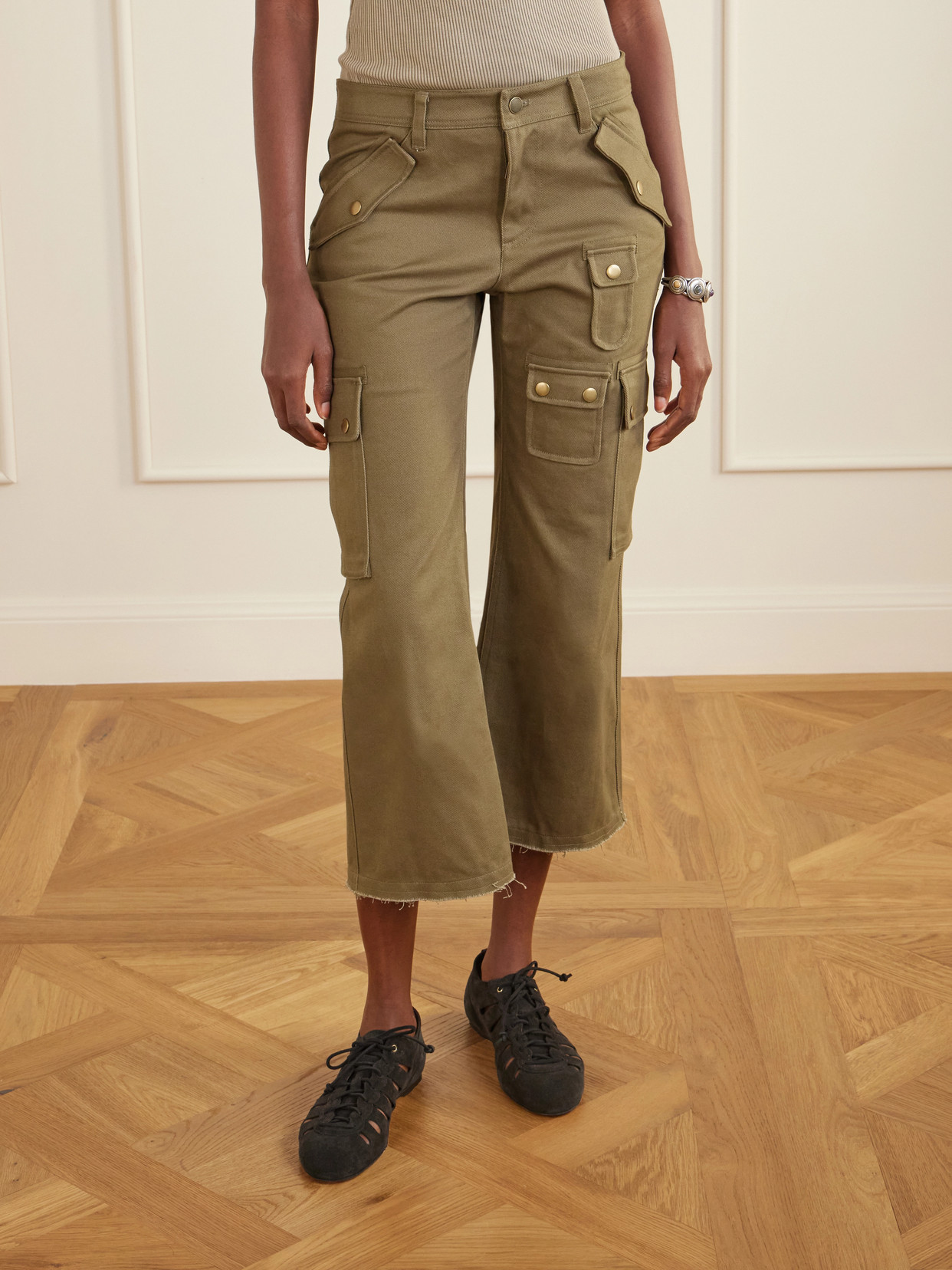 Isabel Marant Josine Cotton Twill Flare Crop Cargo Pants In Brown