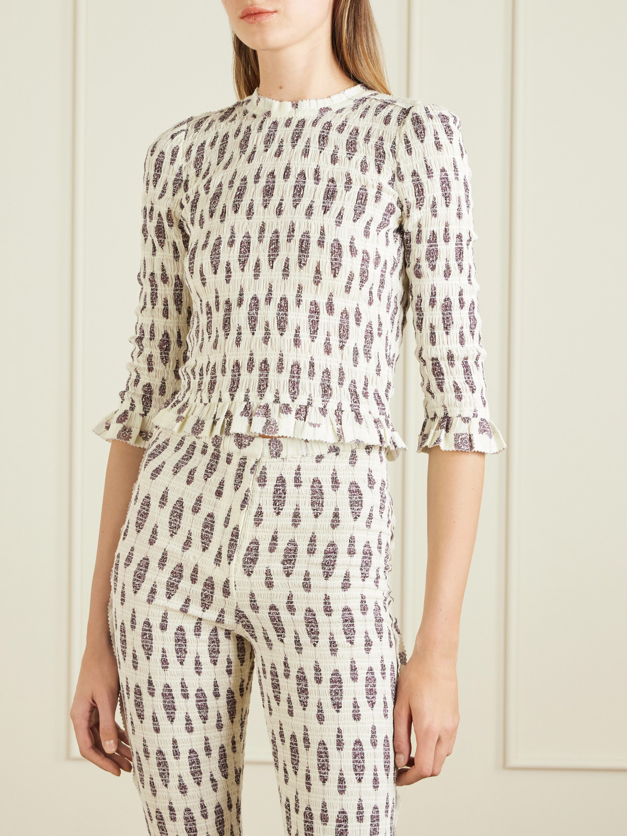 Arie Open-Back Ruffled Floral-Print Smocked Cotton Blouse