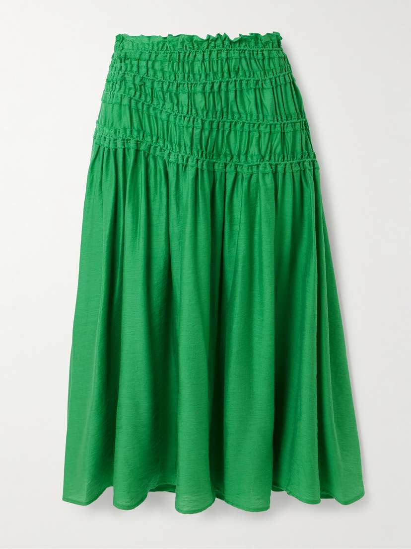 Tory Burch Ruffled Smocked Lyocell-blend Midi Skirt