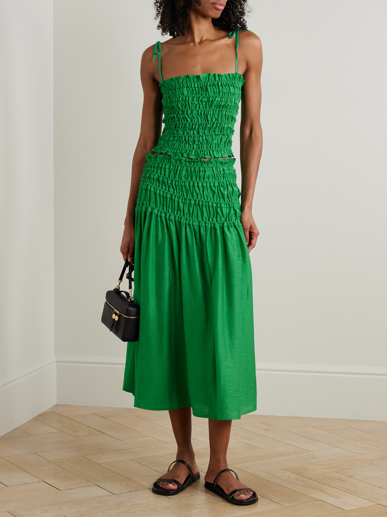 Tory Burch Smocked Lyocell-blend Top In Green