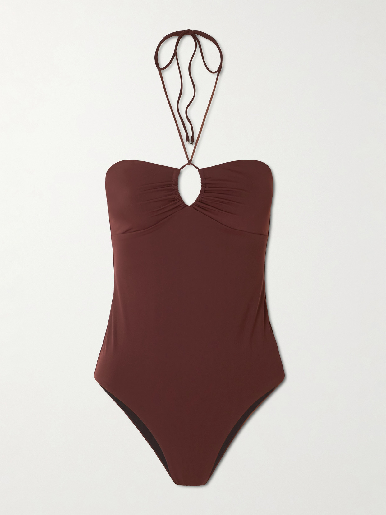 Tory Burch Ruched Cut-out Recycled Halterneck Swimsuit In Brown