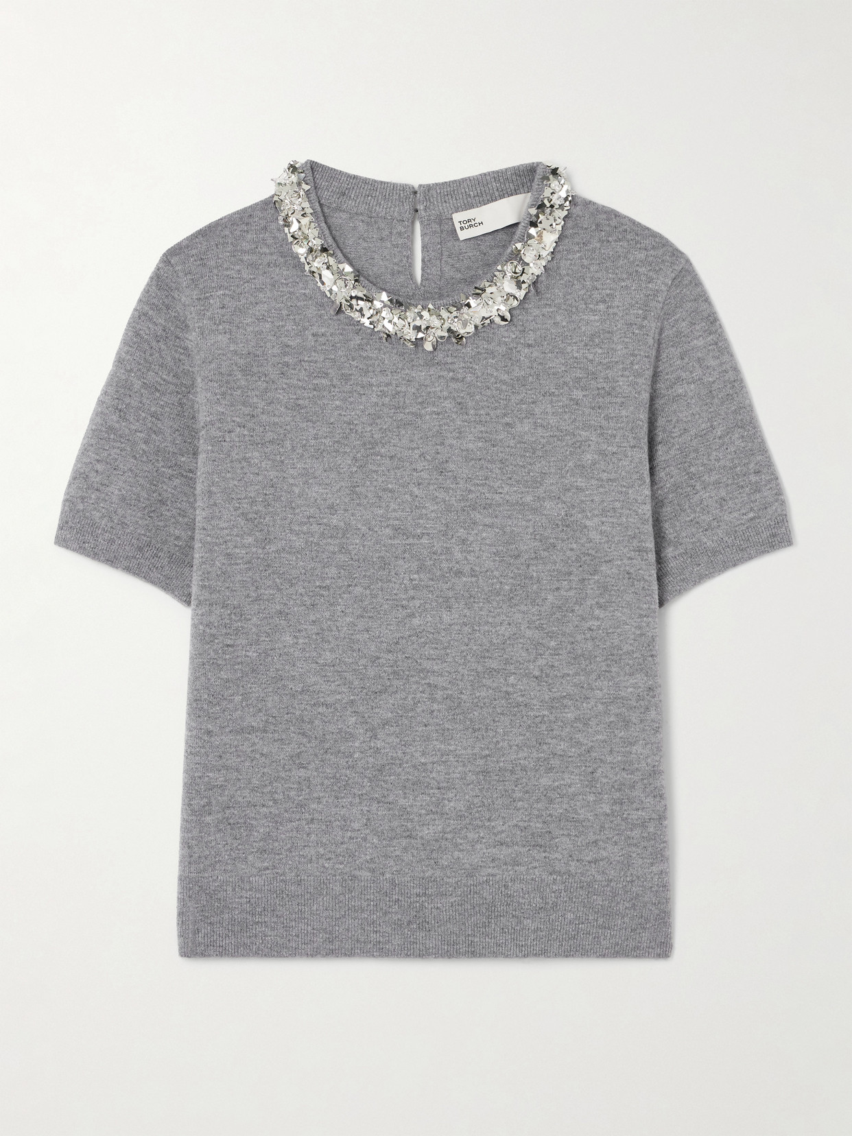 Tory Burch Embellished Wool And Cashmere-blend Sweater In Gray