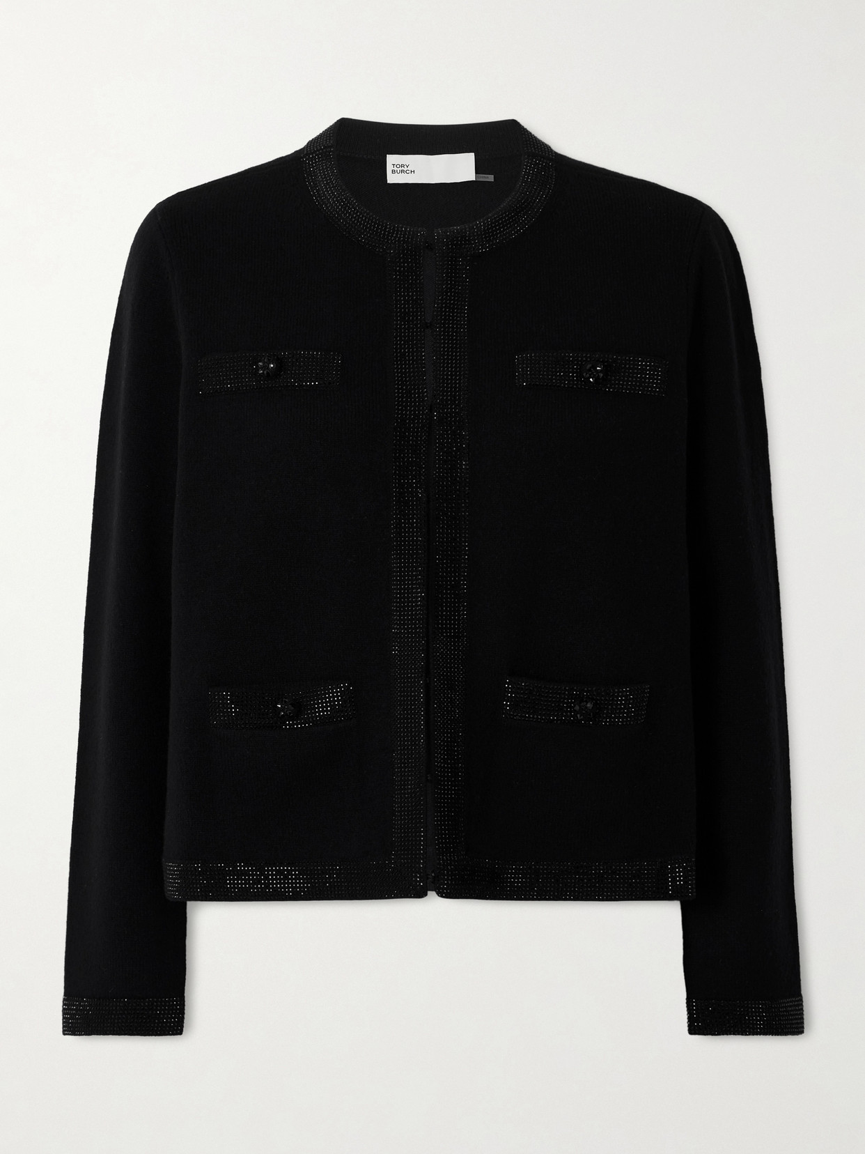 Tory Burch Kendra Crystal-embellished Wool-blend Cardigan In Black