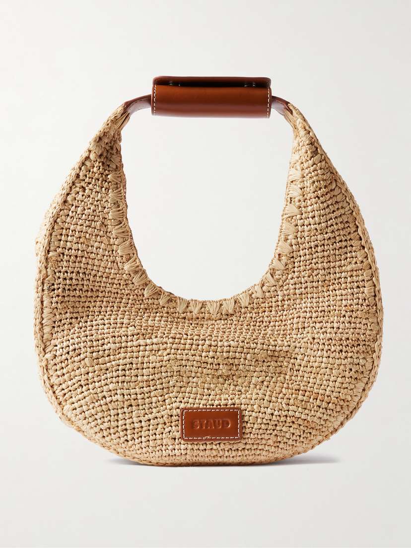 Staud Moon Leather-trimmed Raffia Tote