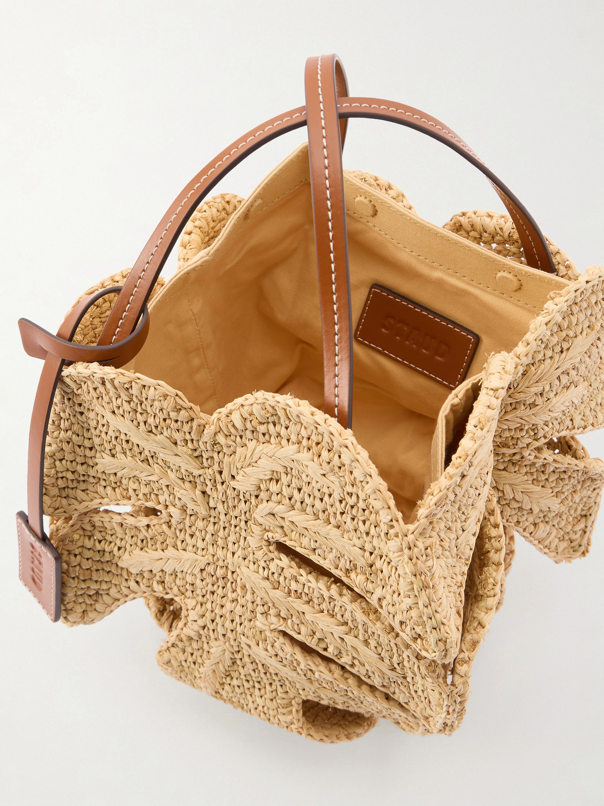 Staud Palm Leather-trimmed Raffia Top-handle Bag In Brown