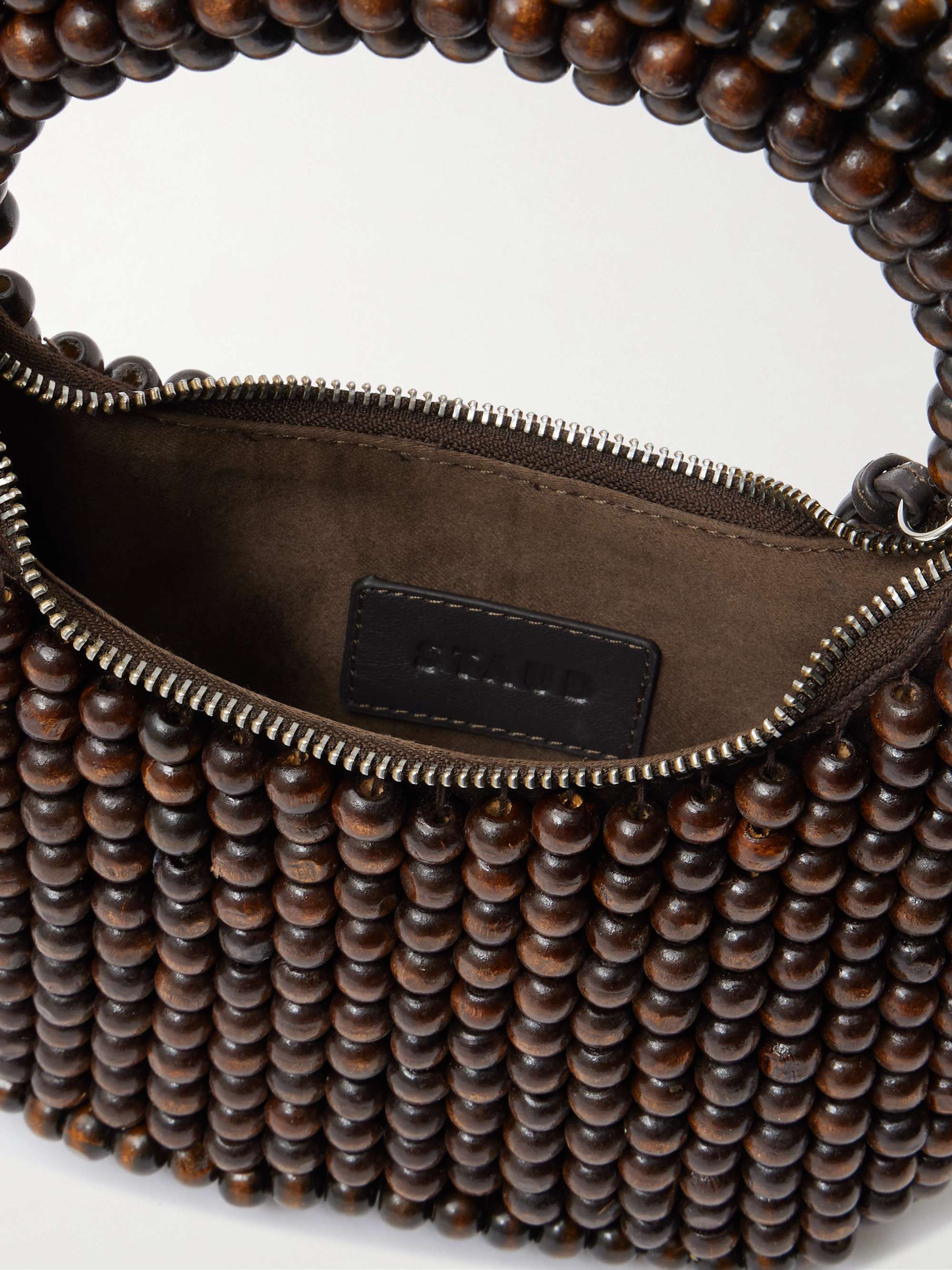 STAUD Reef leather-trimmed beaded wood tote | NET-A-PORTER