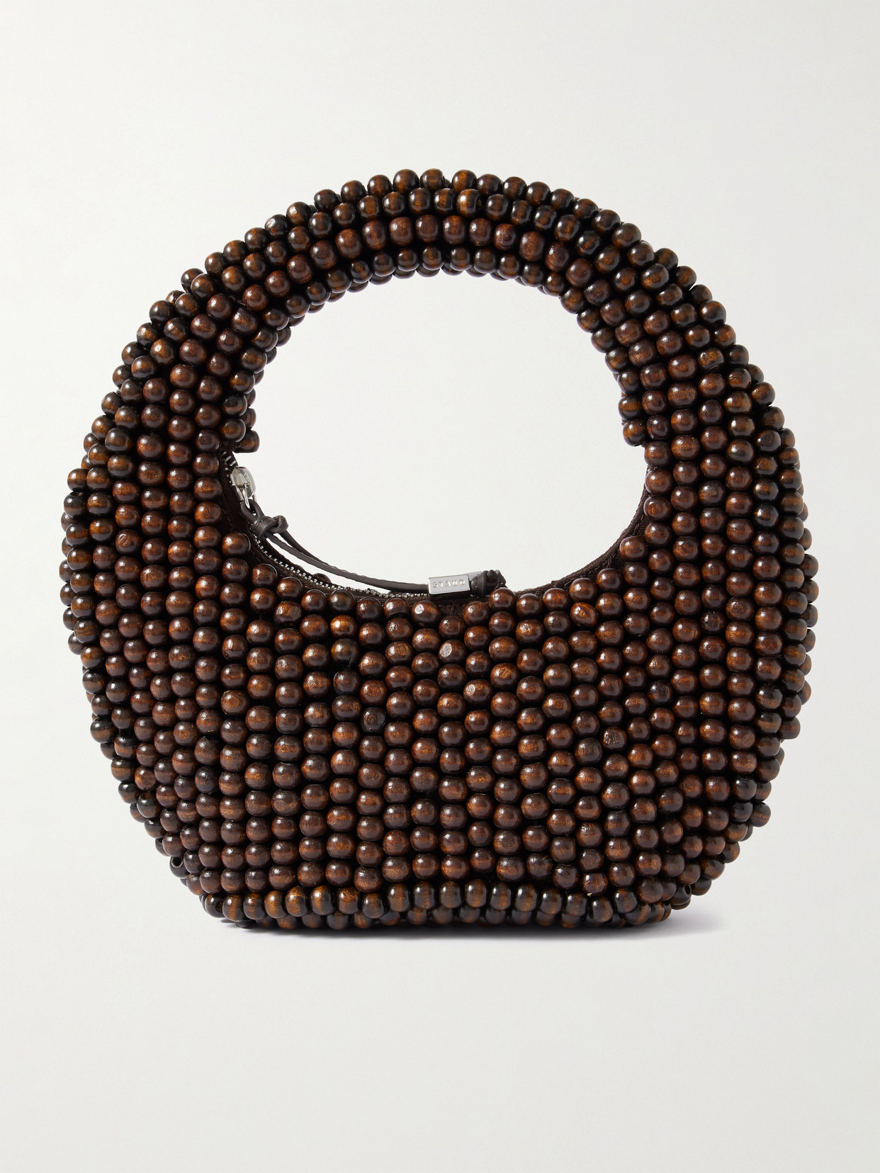 Staud Reef Leather-trimmed Beaded Wood Tote In Brown