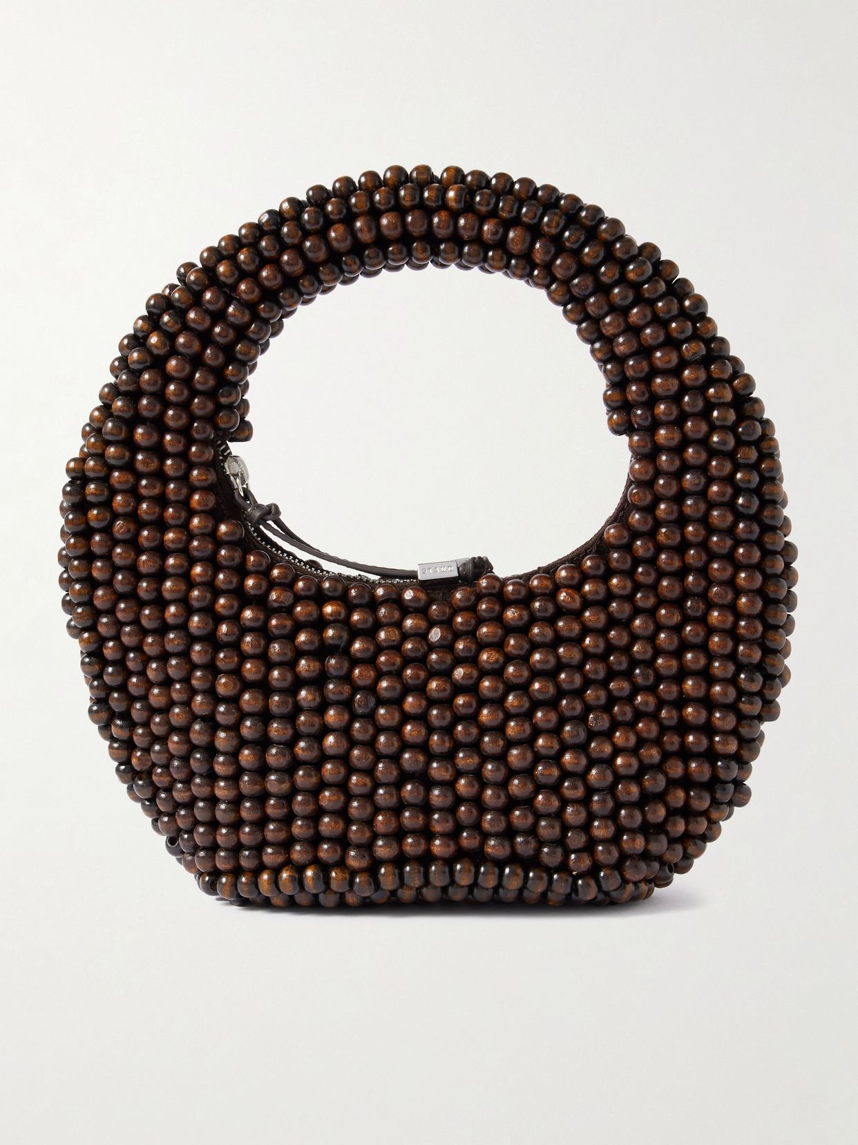 Reef leather-trimmed beaded wood tote