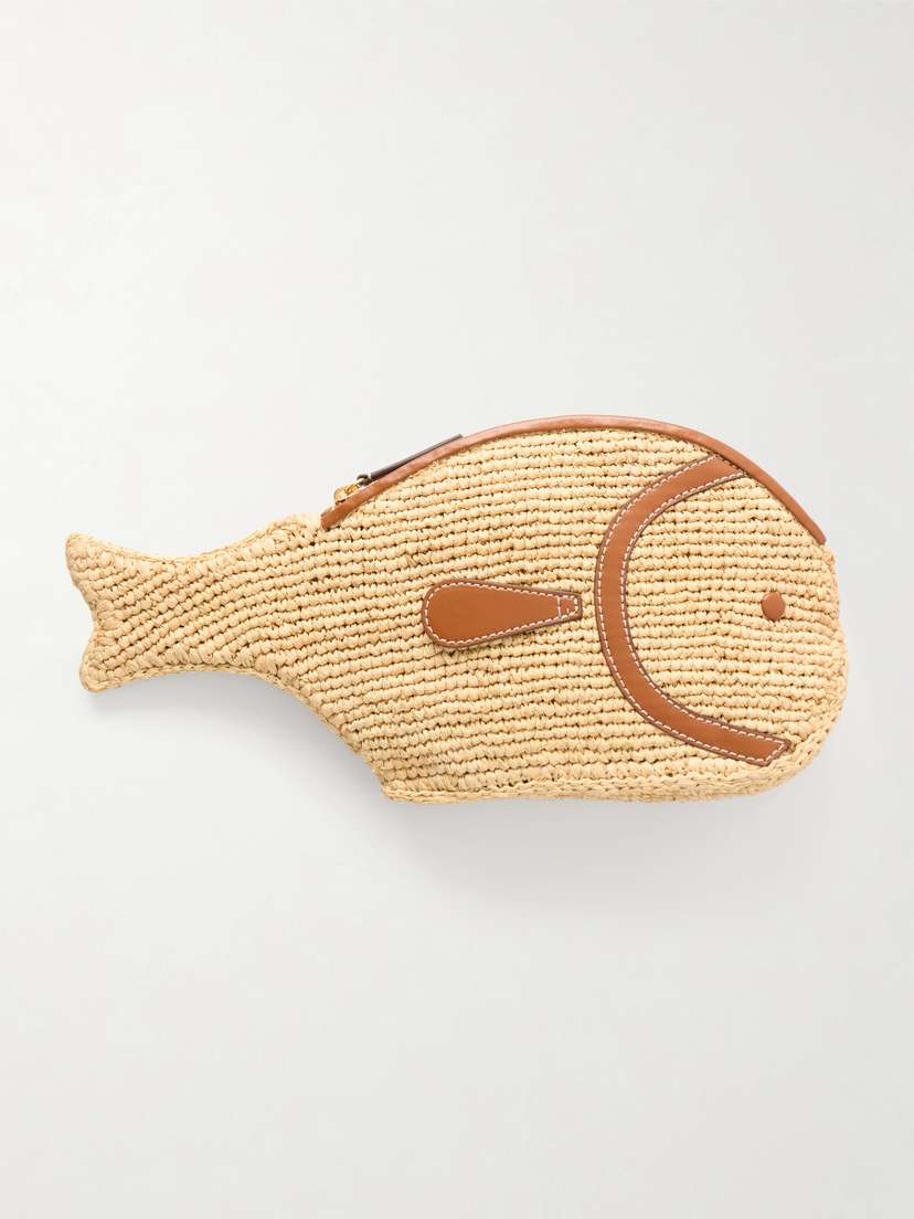 Staud Pesce Leather-trimmed Raffia Clutch