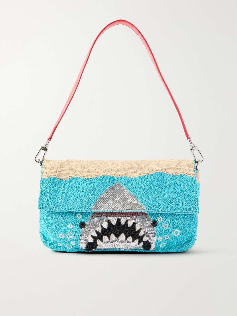 Staud Timmy Leather-trimmed Beaded Satin Shoulder Bag