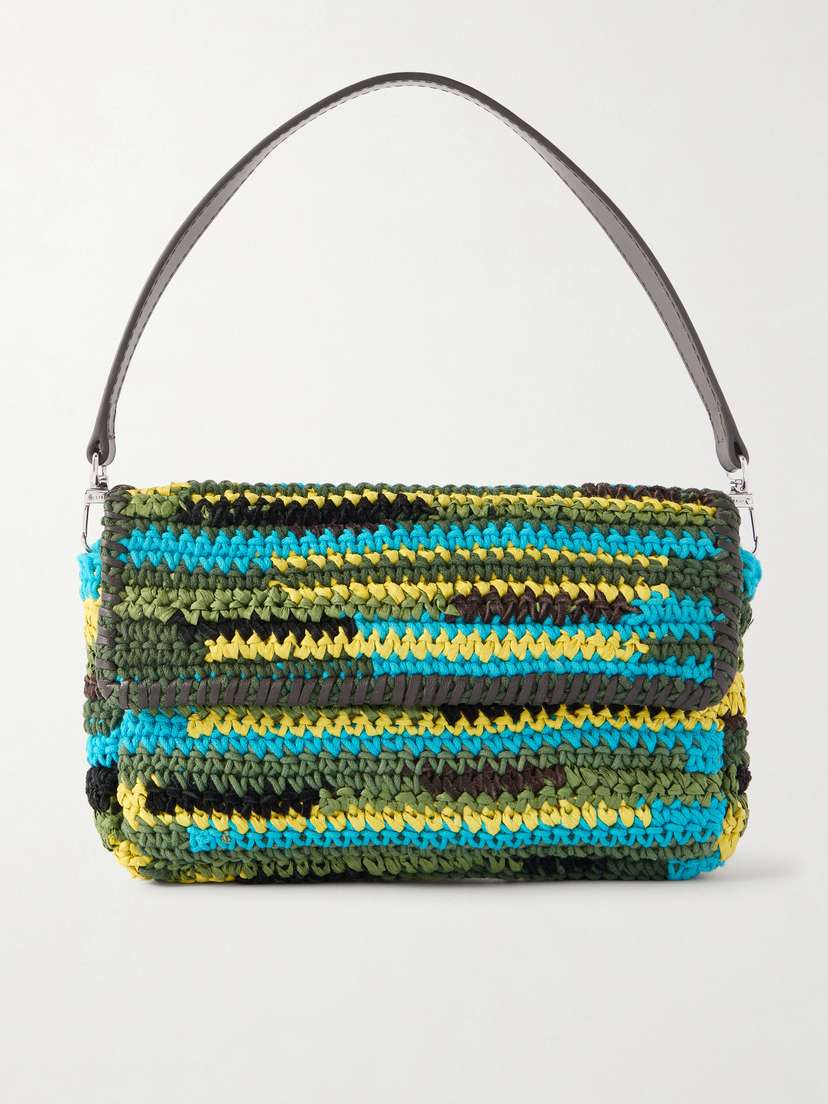 Staud Timmy Leather-trimmed Crocheted Fabric And Raffia Shoulder Bag
