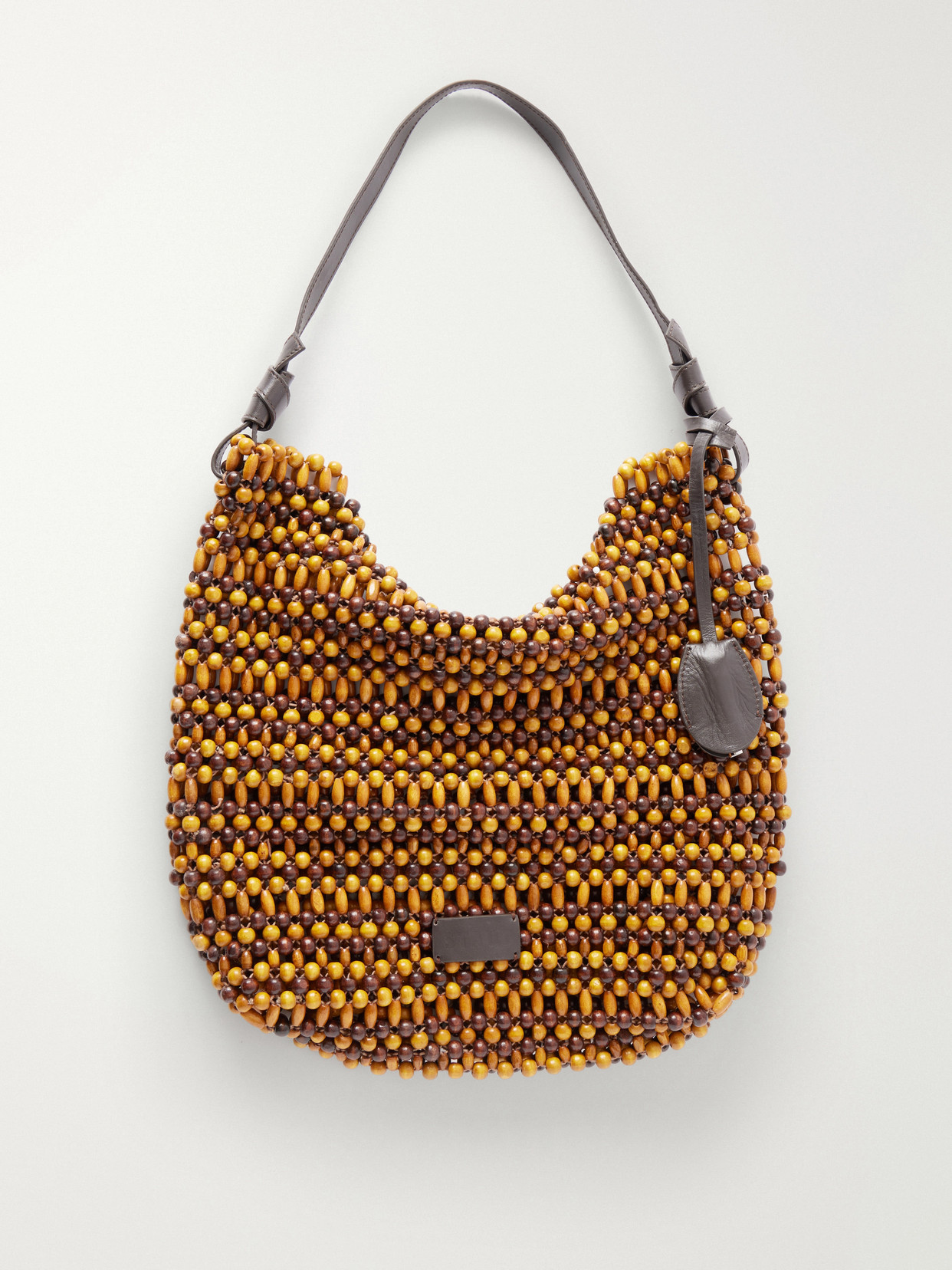 Staud Drift Leather-trimmed Beaded Wood Shoulder Bag In Brown