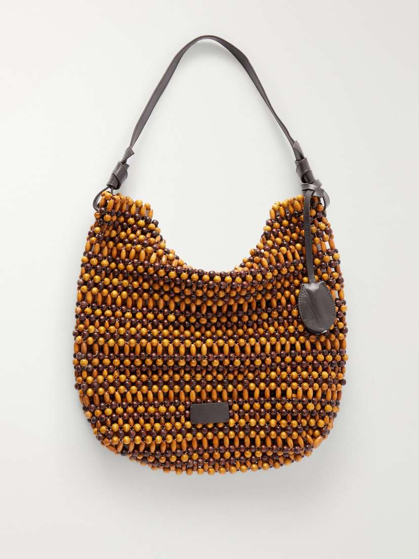 Staud Drift Leather-trimmed Beaded Wood Shoulder Bag
