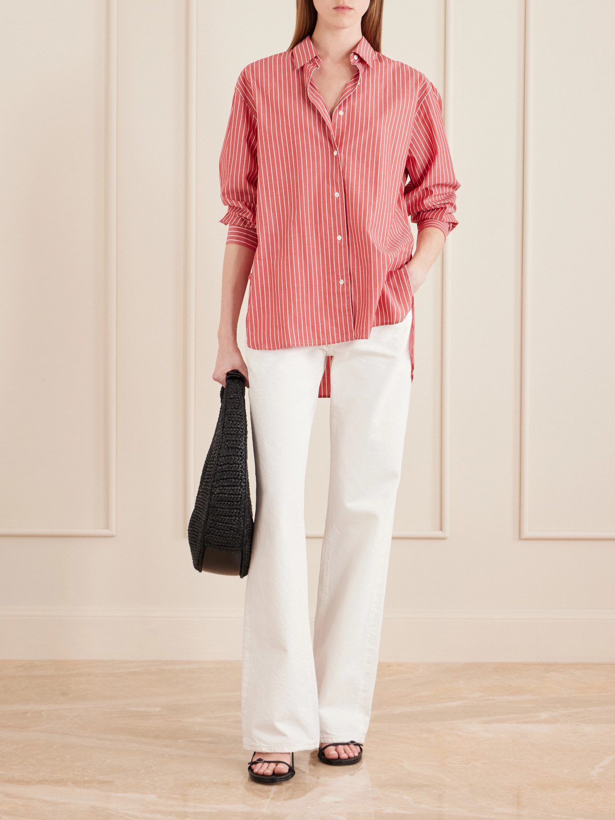 Moon Large Leather-Trimmed Raffia Tote