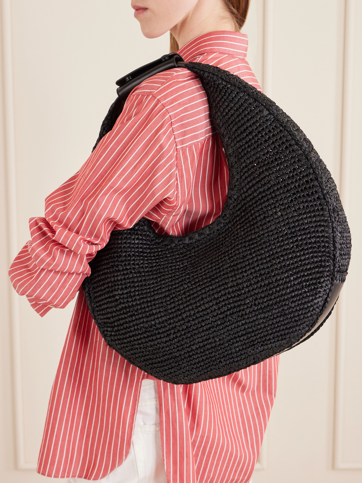 Moon Large Leather-Trimmed Raffia Tote