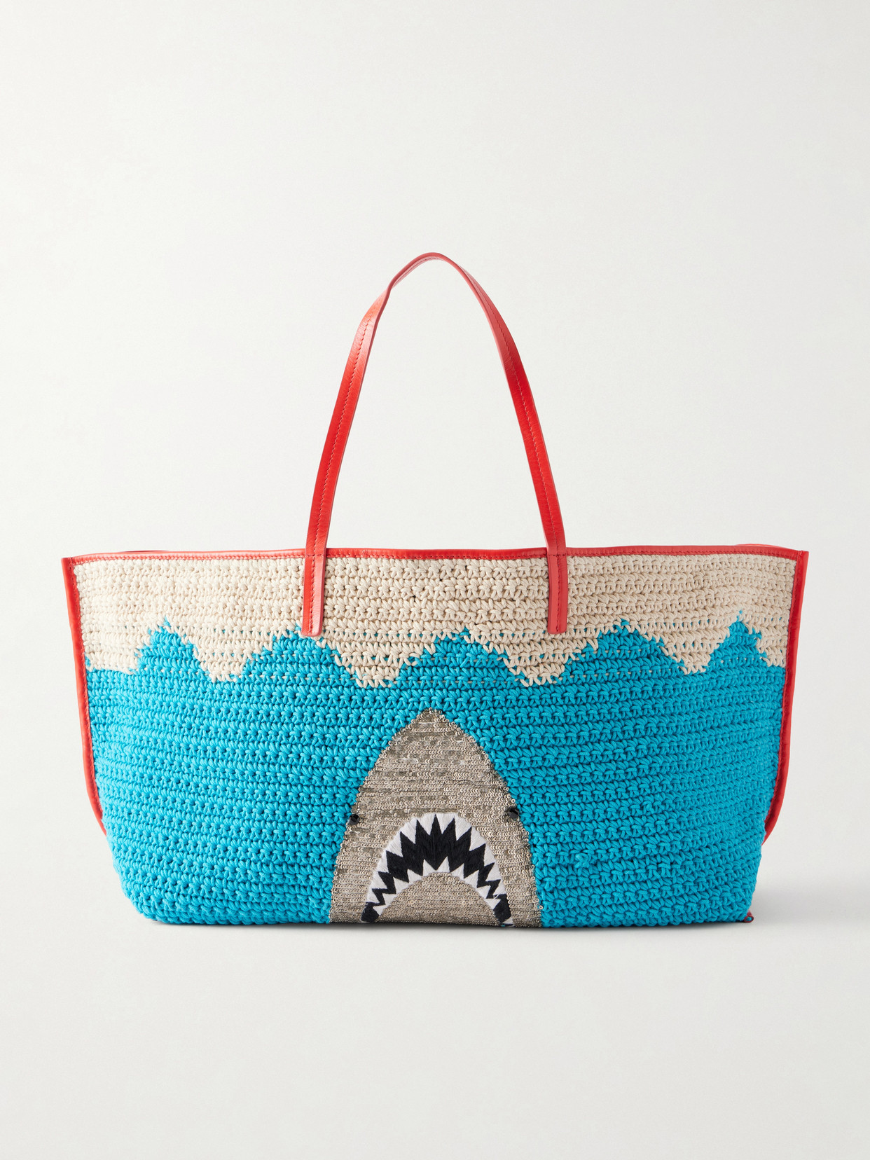 Staud Christos Large Leather-trimmed Sequin-embellished Crocheted Tote In Blue