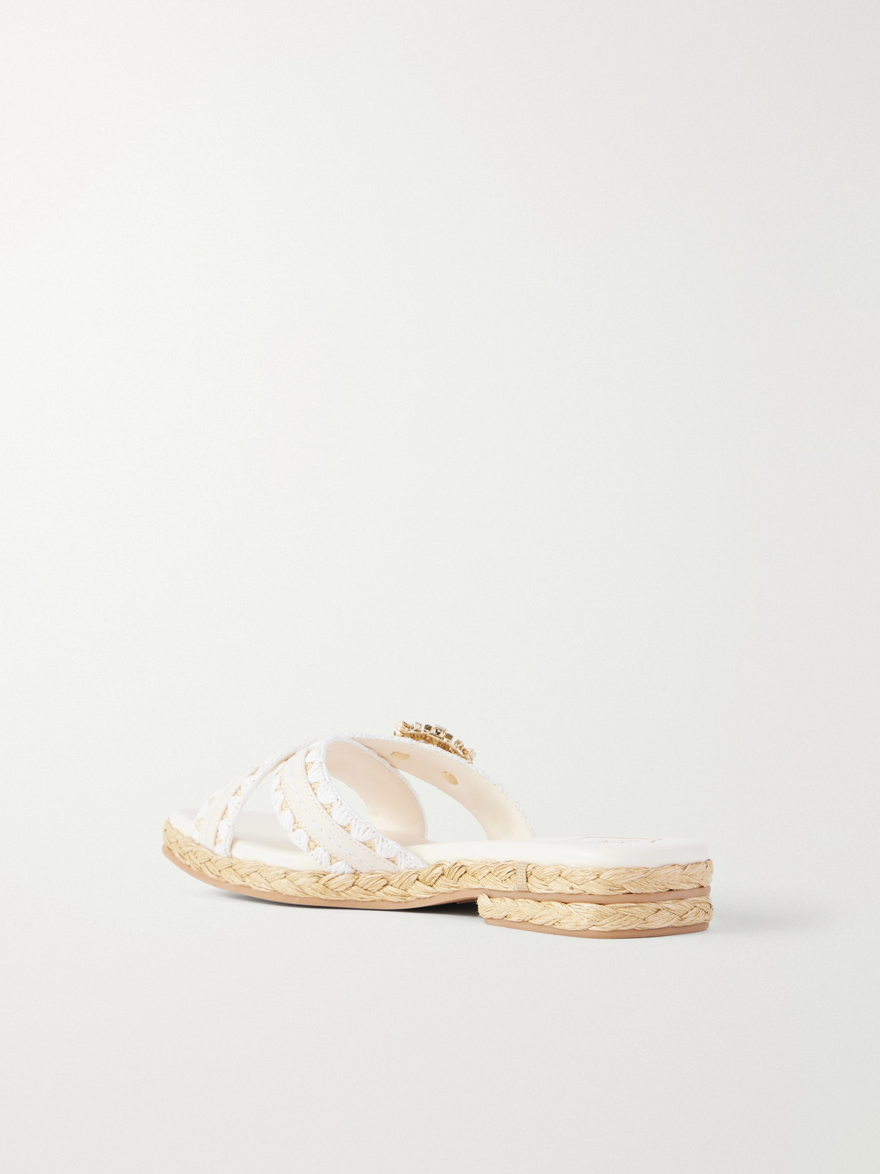 Strass Crystal-Embellished Leather-Trimmed Raffia Slides