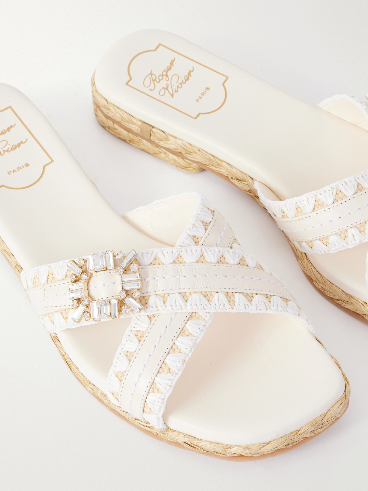 Strass Crystal-Embellished Leather-Trimmed Raffia Slides