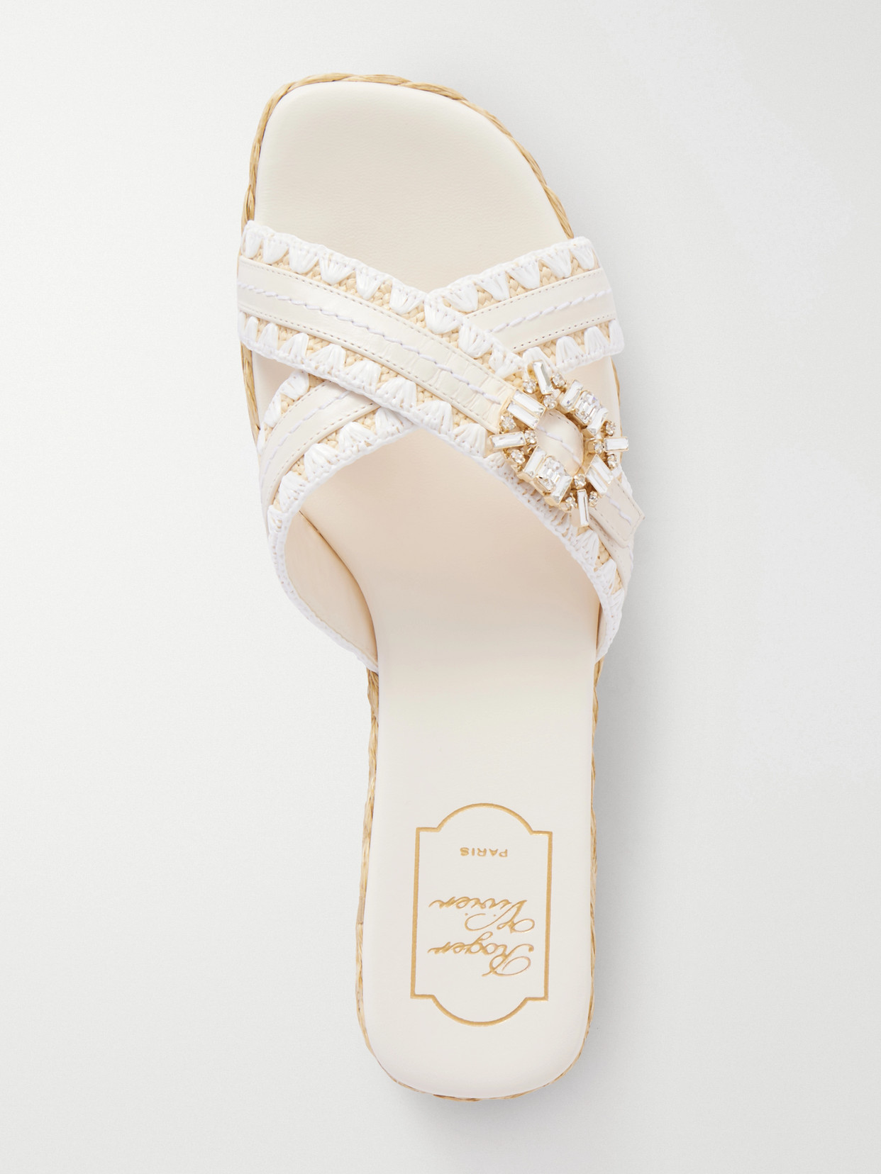 Strass Crystal-Embellished Leather-Trimmed Raffia Slides