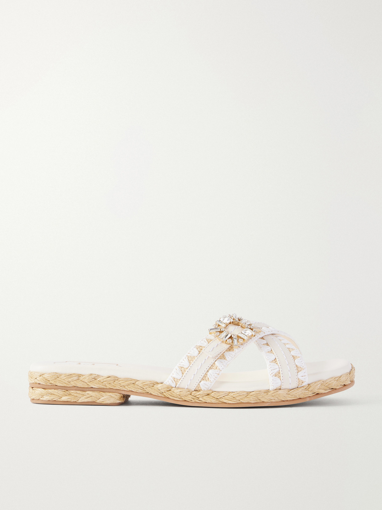 Strass Crystal-Embellished Leather-Trimmed Raffia Slides