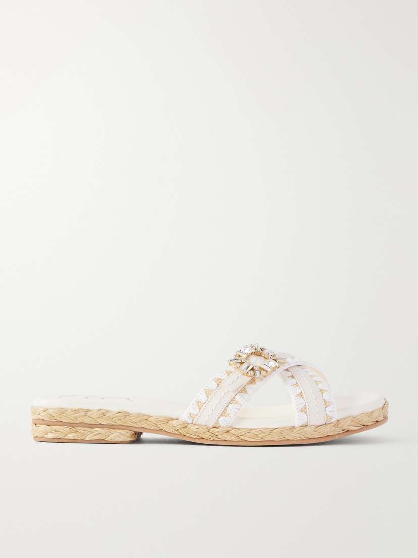 Roger Vivier Strass Crystal-embellished Leather-trimmed Raffia Slides