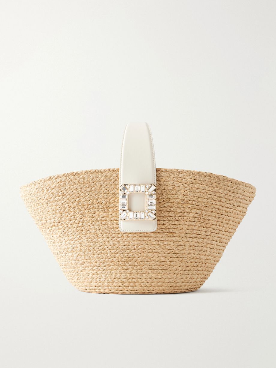 Embellished leather-trimmed raffia-effect tote bag